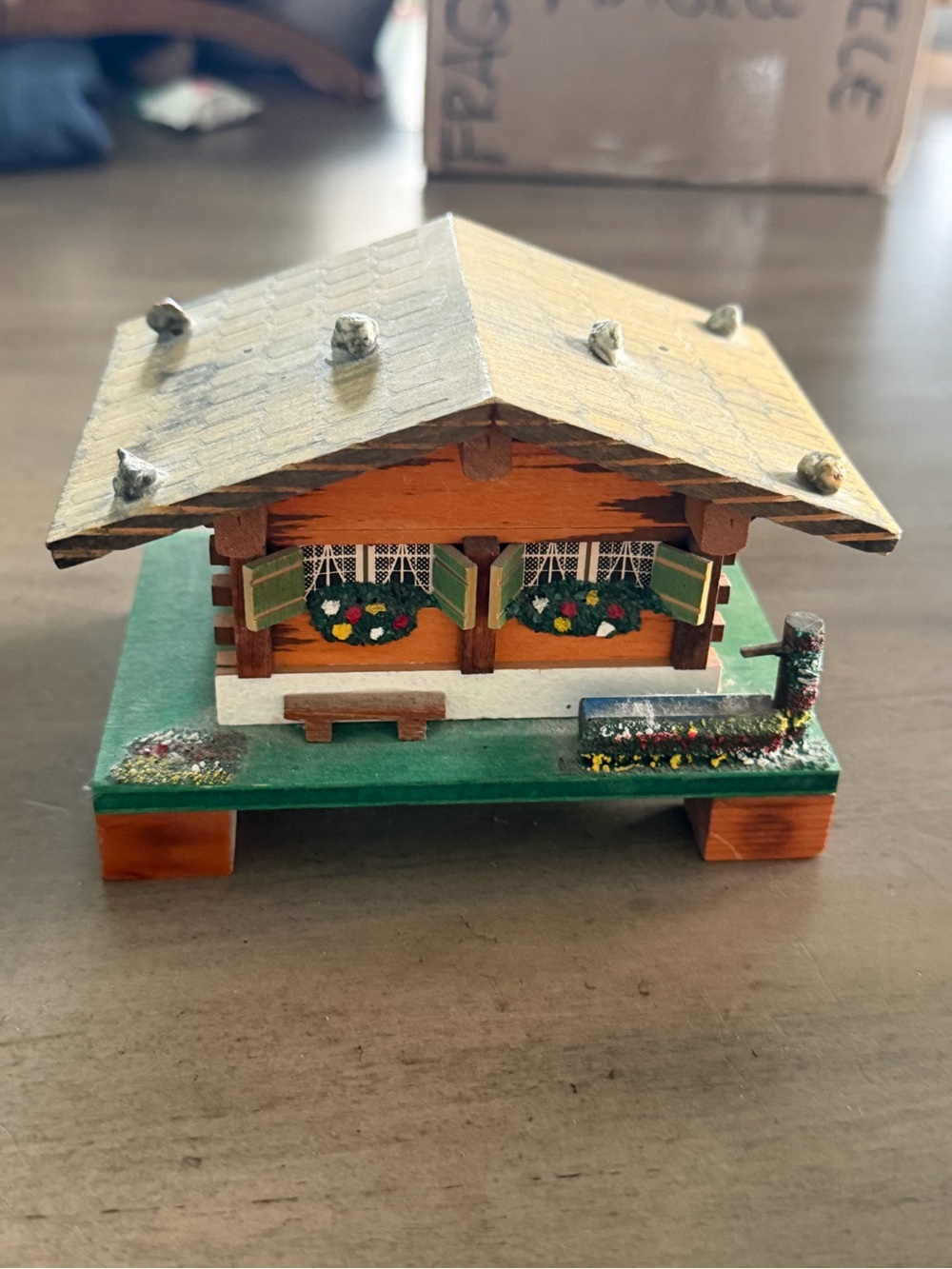 Vintage Swiss Chalet Music Box MAPSA Edelweiss Wooden Trinket Box Switzerland